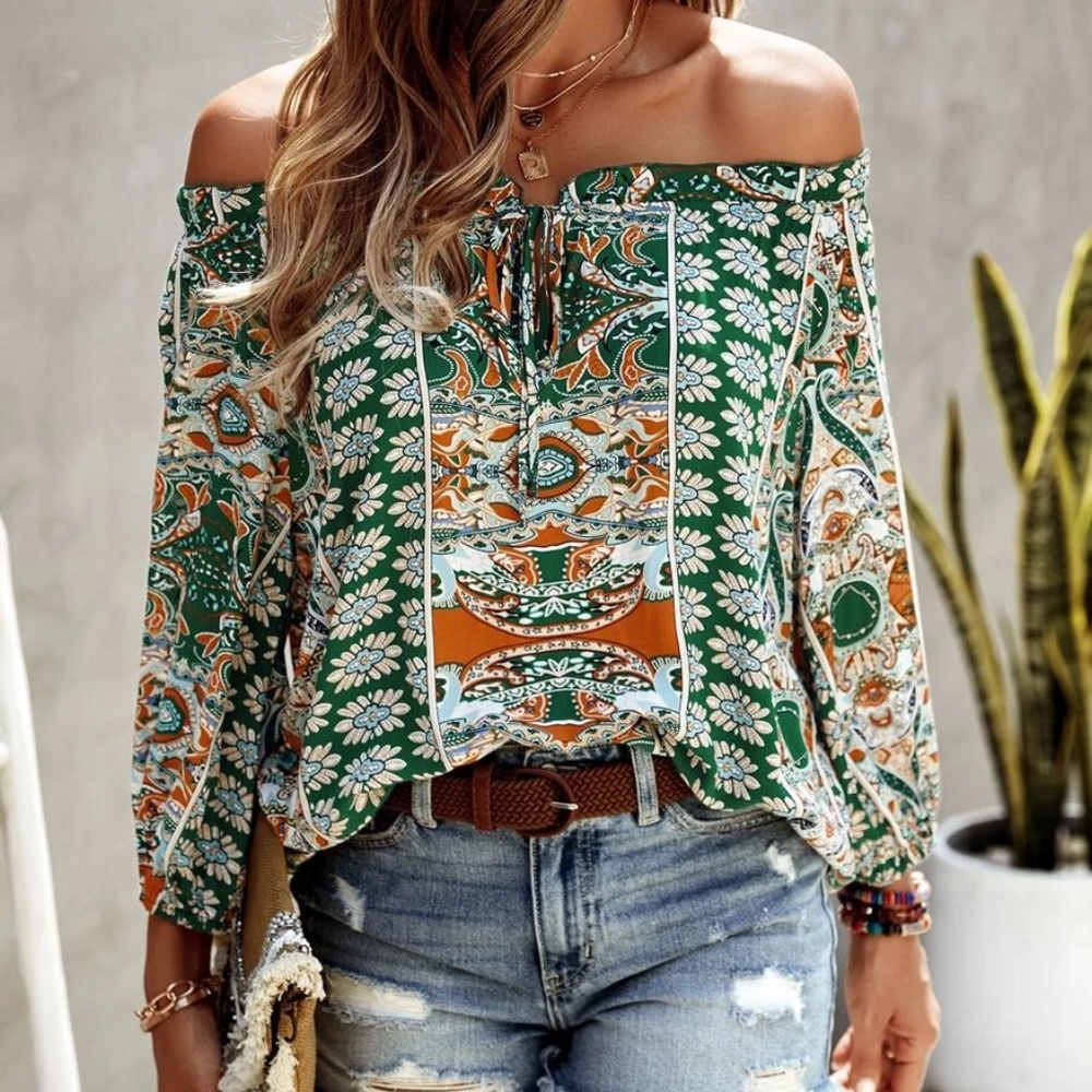 Boho Floral Print Off Shoulder Blouse - Picture 1 of 13